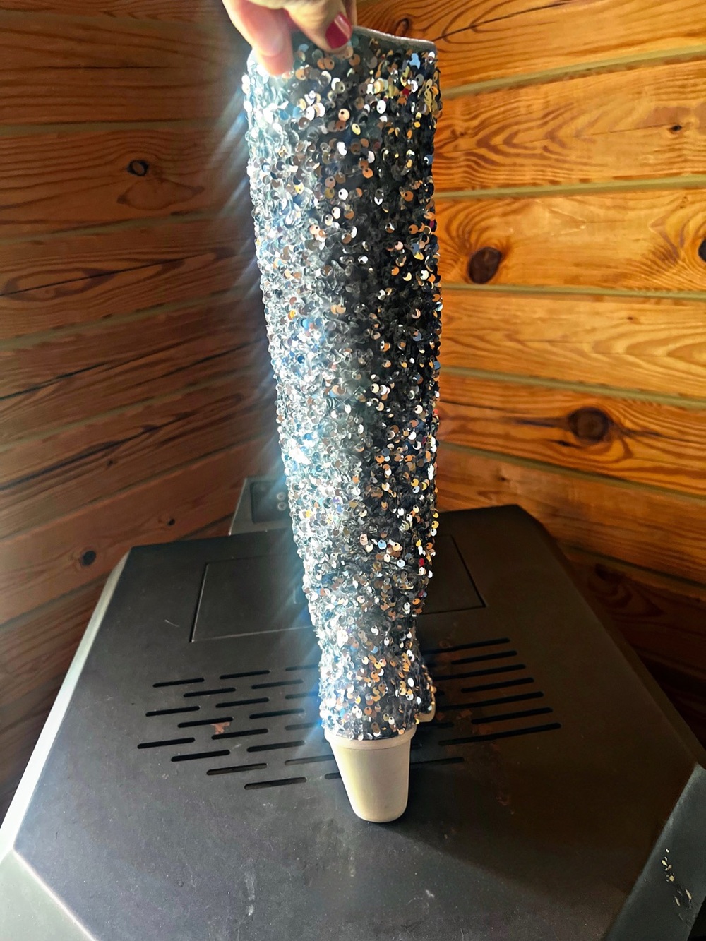 Steve Madden Silver Sequin Knee-High Block Heel Boots - Picture 4 of 8